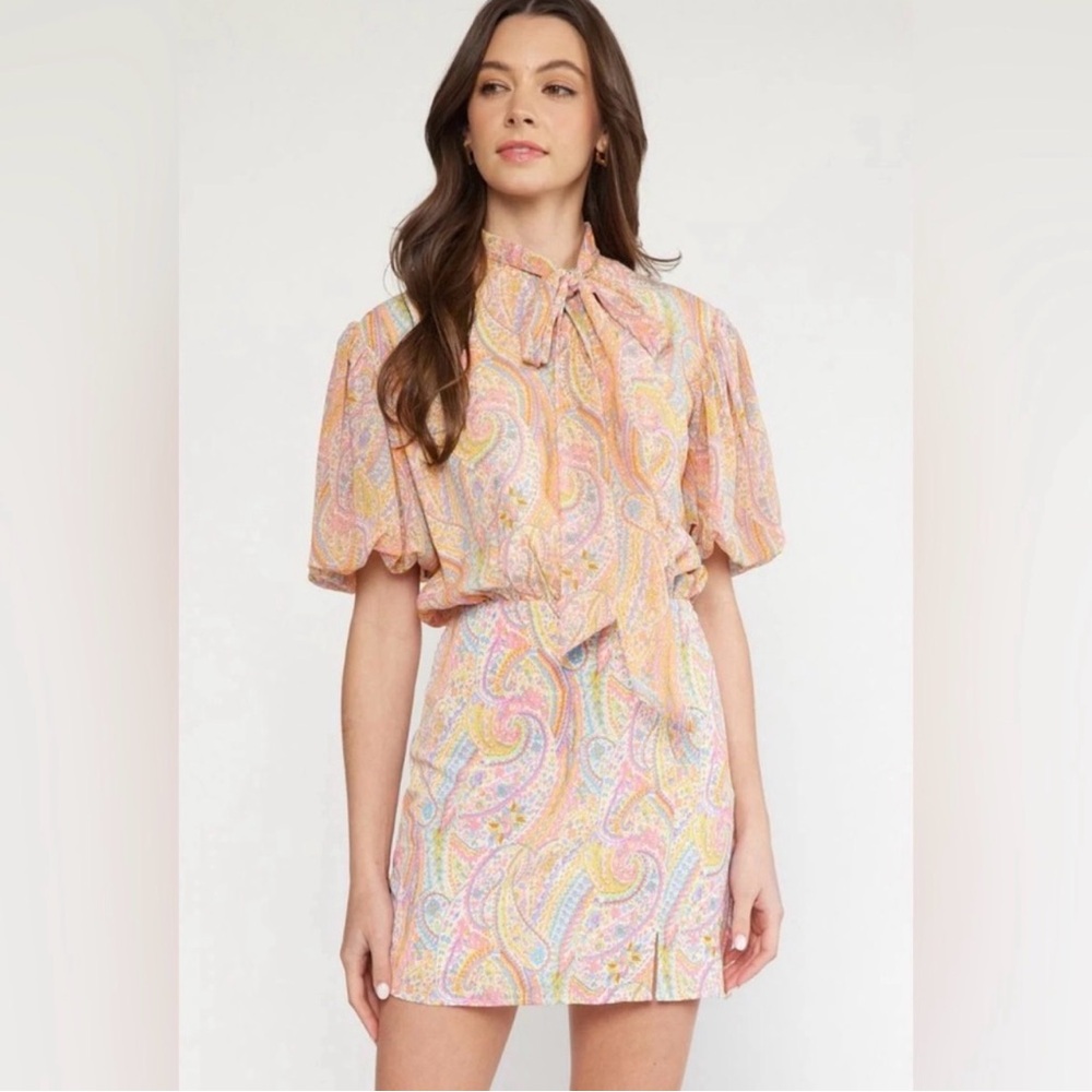 entro Pastel Paisley Tie-Neck Mini Dress - Pink, Yellow, Blue